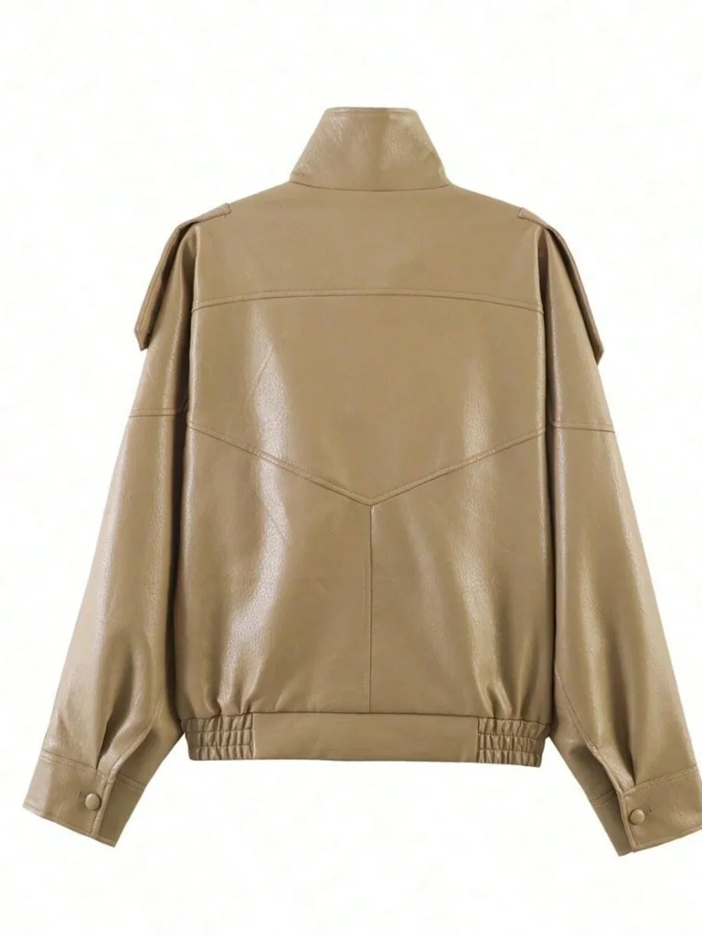 Khaki Casual Women's Oversized High Collar Faux Leather Jacket